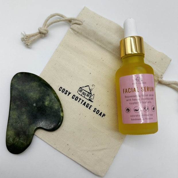 Natural Skin Serum with Rosehip & Raspberry Leaf Oils & Optional Gua Sha - Cosy Cottage Soap