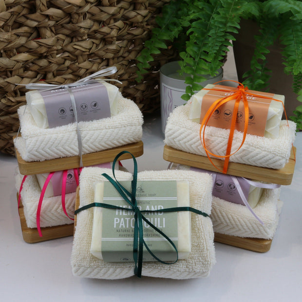 Soap, Cloth & Wooden Soap Dish Gift Set - Cosy Cottage Soap