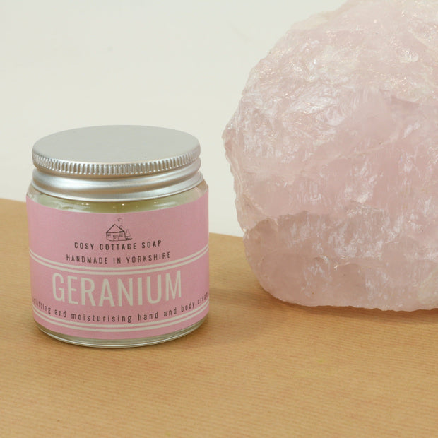 Uplifting Geranium Hand & Body Cream (with optional bamboo gloves) - Cosy Cottage Soap
