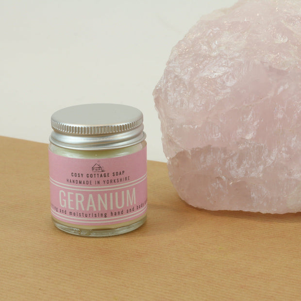 Uplifting Geranium Hand & Body Cream (with optional bamboo gloves) - Cosy Cottage Soap